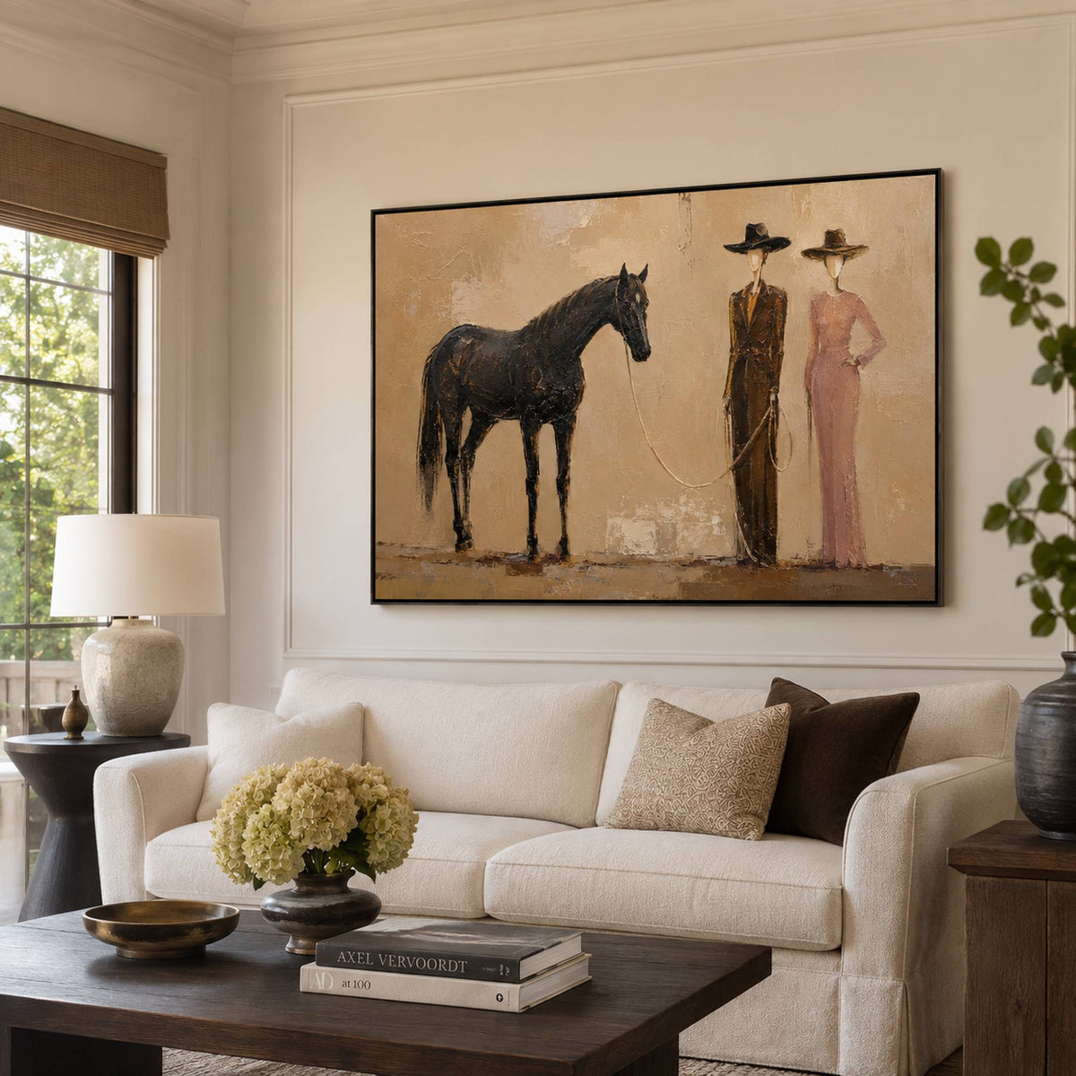Warm equestrian wall art styled in a modern living room.