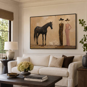 Warm equestrian wall art styled in a modern living room.