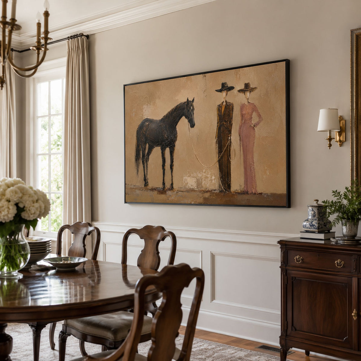 Horse and figure painting in a refined dining room.
