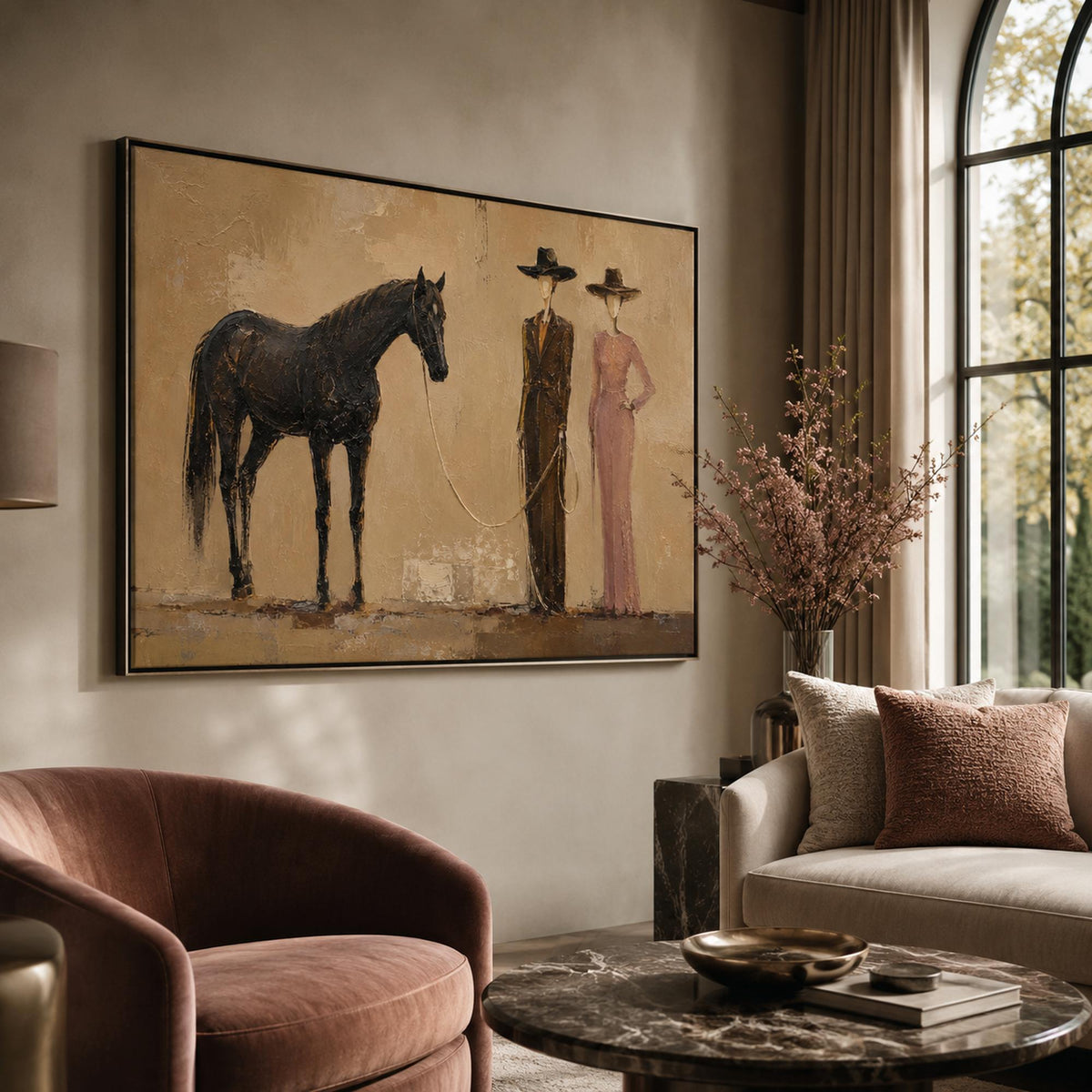 Hand-painted equestrian canvas for boutique hospitality interiors.