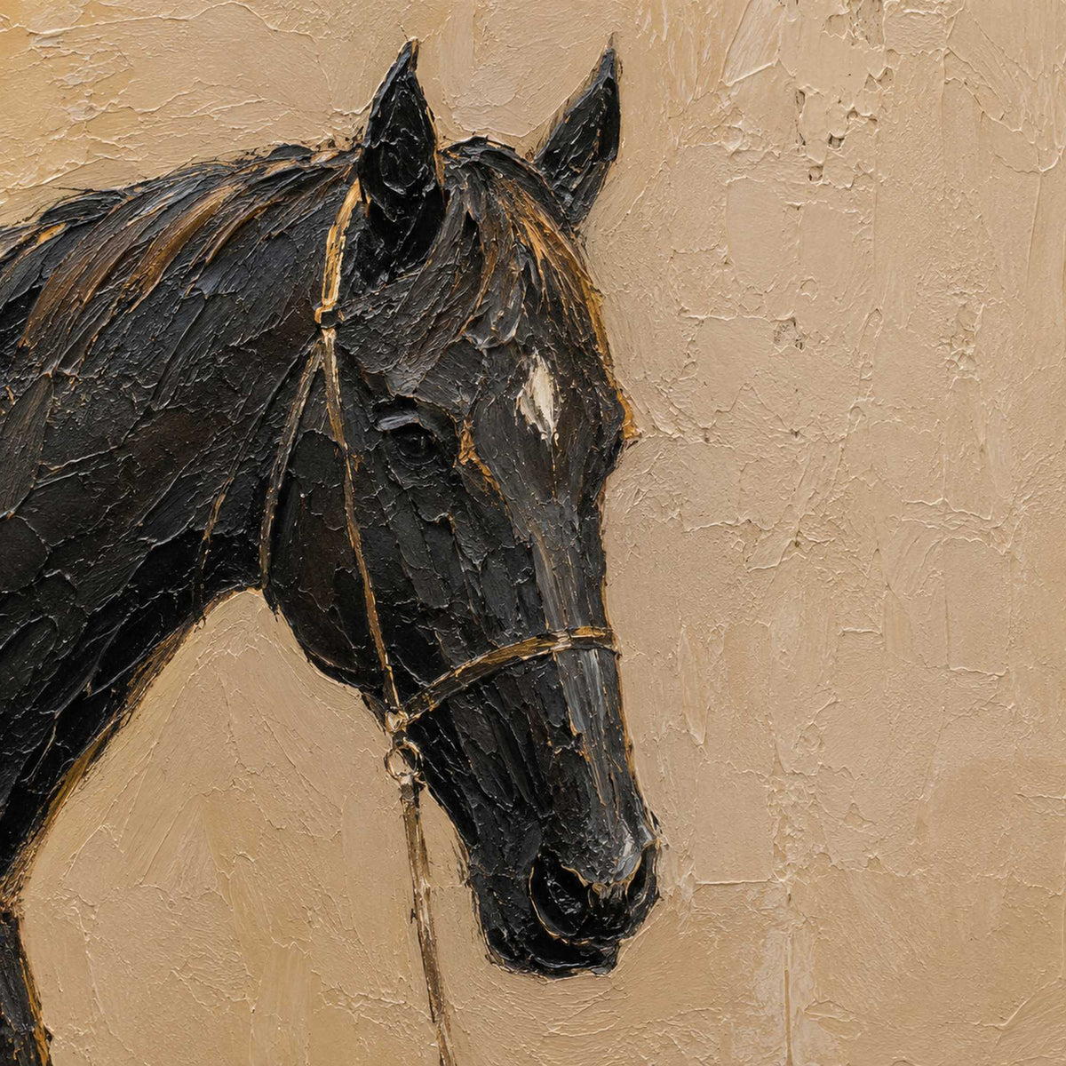 Close-up of textured brushwork on equestrian canvas.