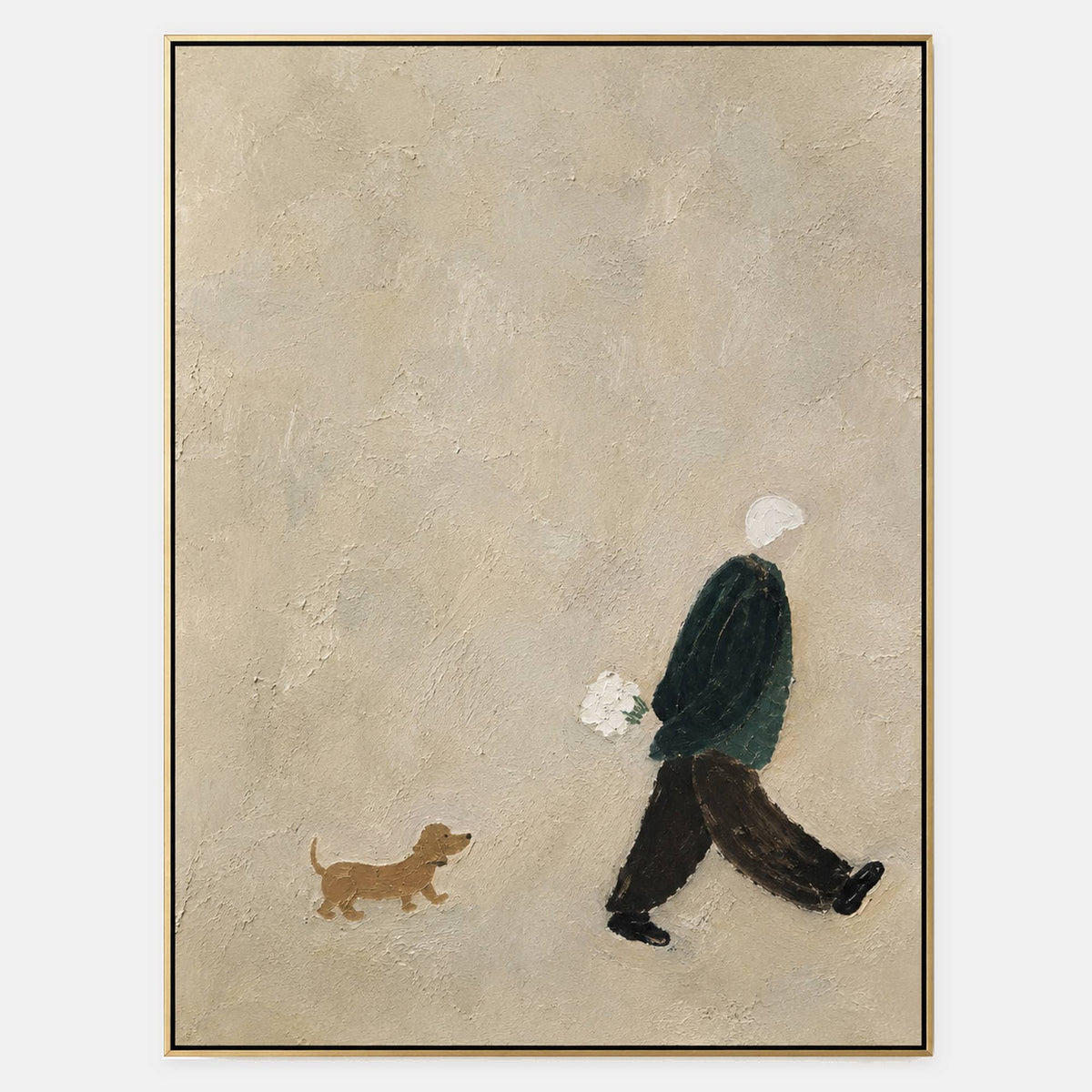 Hand-painted minimalist canvas with a walking figure and small dog.