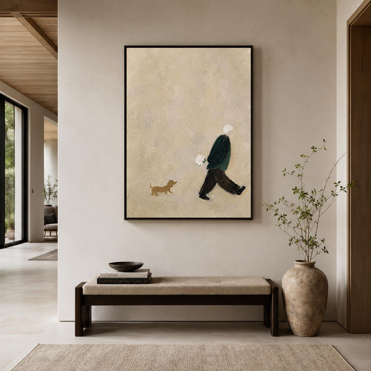 Minimalist figurative wall art displayed in a quiet hotel lobby.