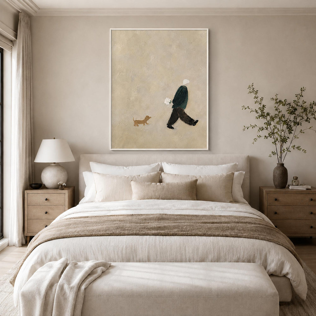 Warm neutral wall art displayed in a calm bathroom space.