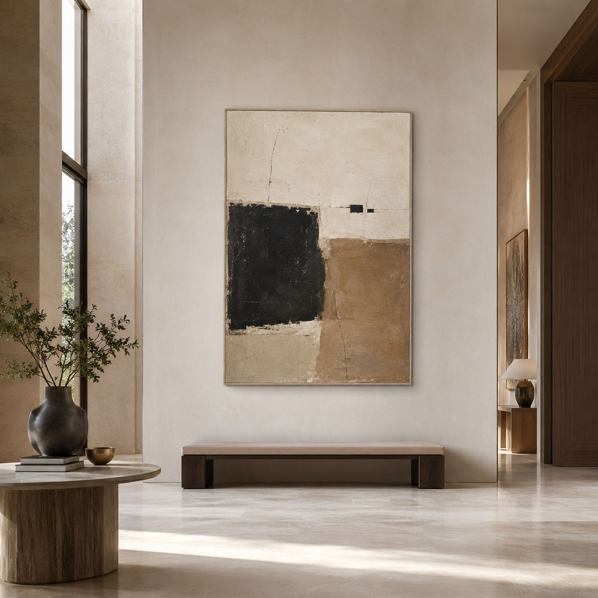 Wabi-Sabi abstract wall art in a quiet hotel lobby.