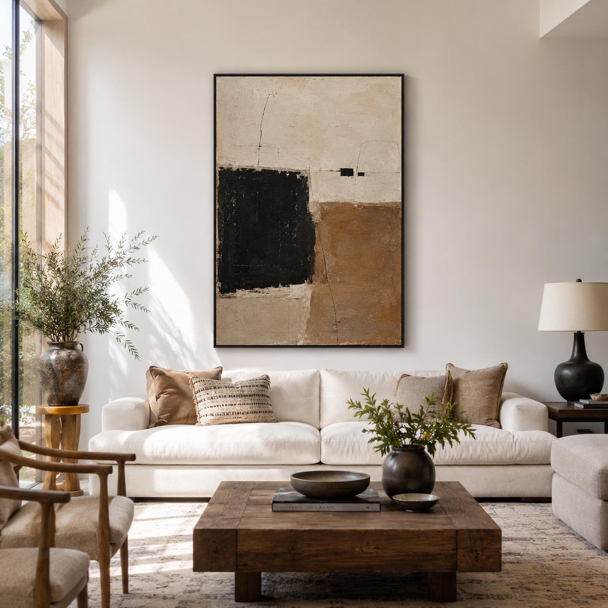 Neutral abstract wall art styled in a modern living room.