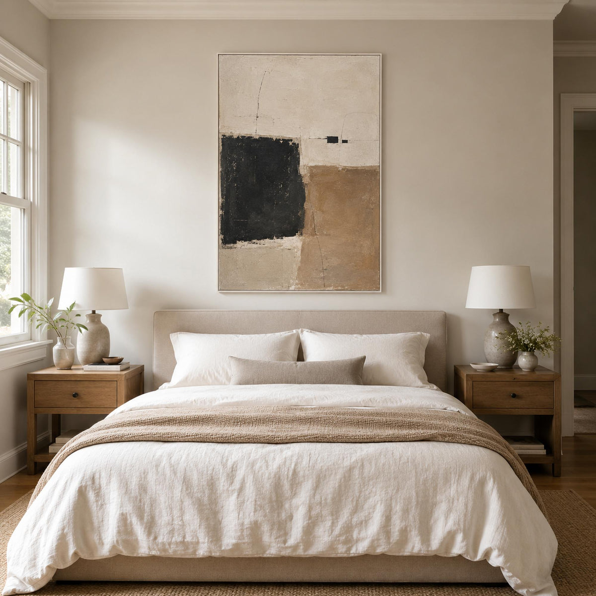 Calm Wabi-Sabi wall art for a neutral bedroom.