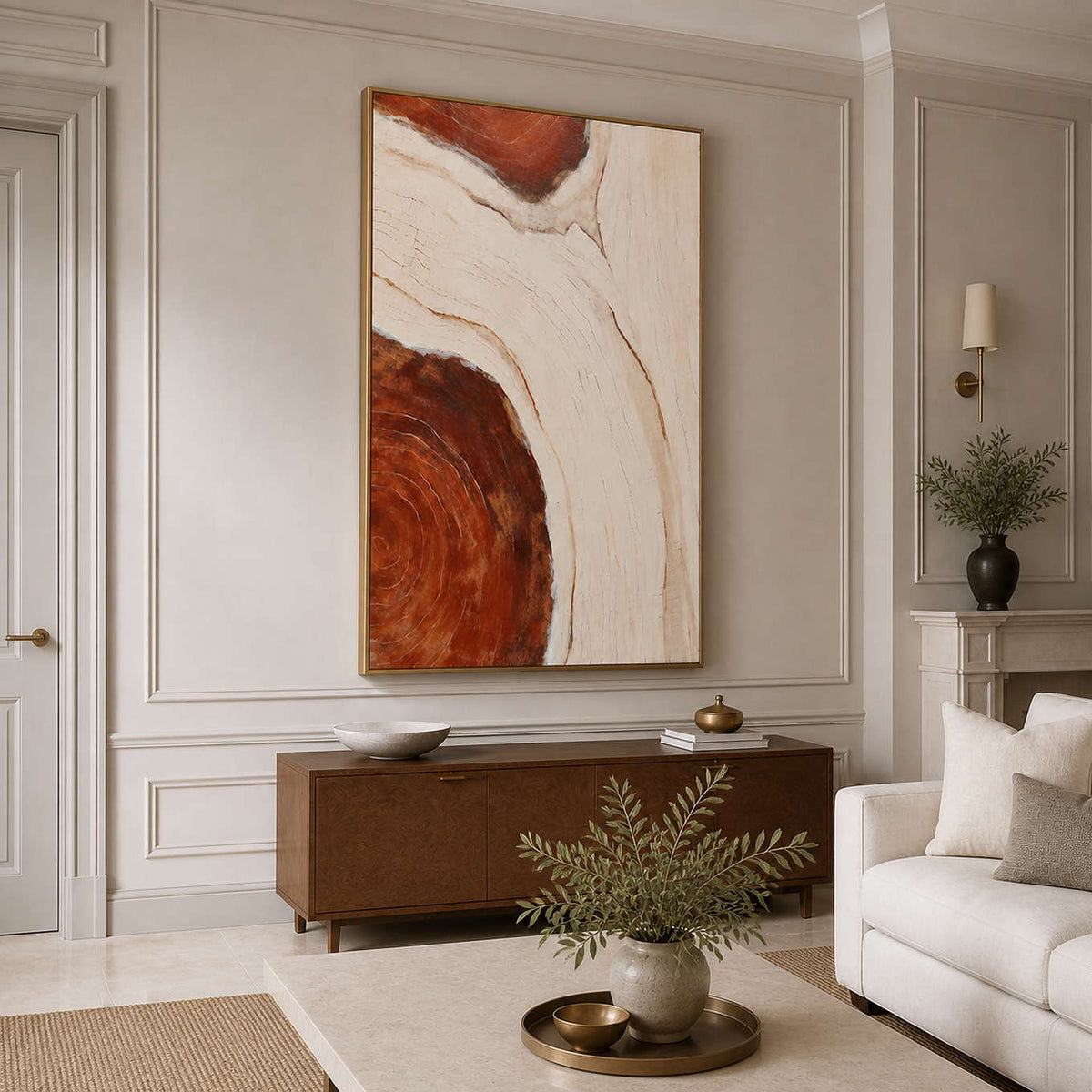 Gold framed rust and cream artwork above a walnut cabinet in a sitting room.