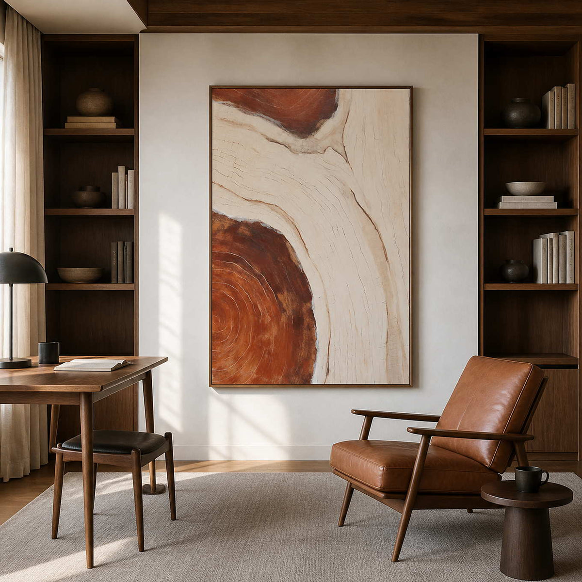 Wood framed cream and rust artwork beside bookshelves and a leather reading chair.