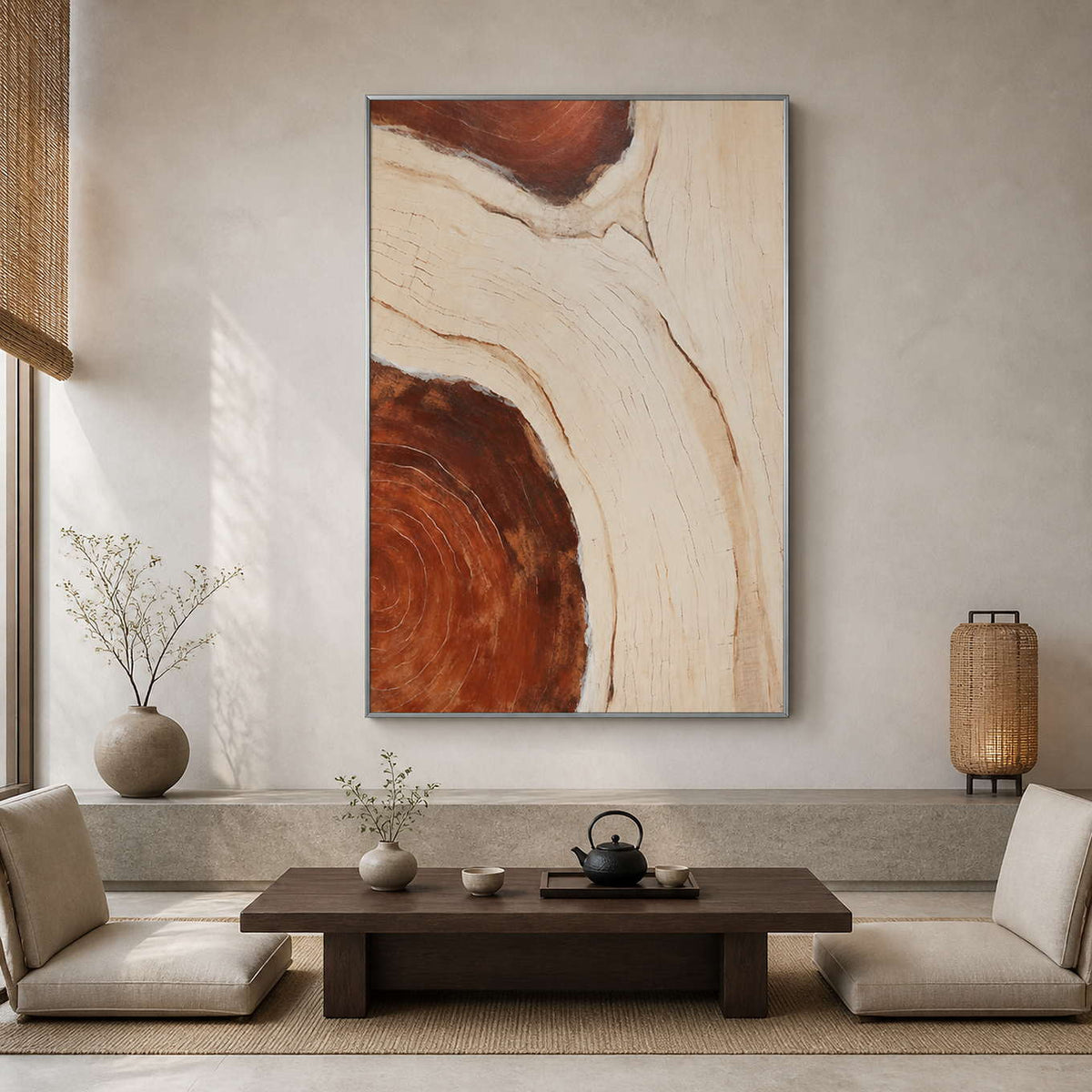 Silver framed rust and cream artwork above a low wooden tea table.