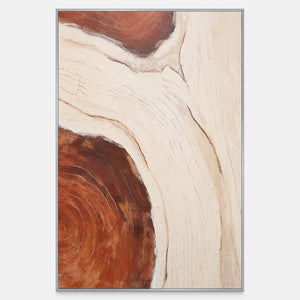 Vertical abstract artwork with pale flowing bands and rust brown grain-like curves.