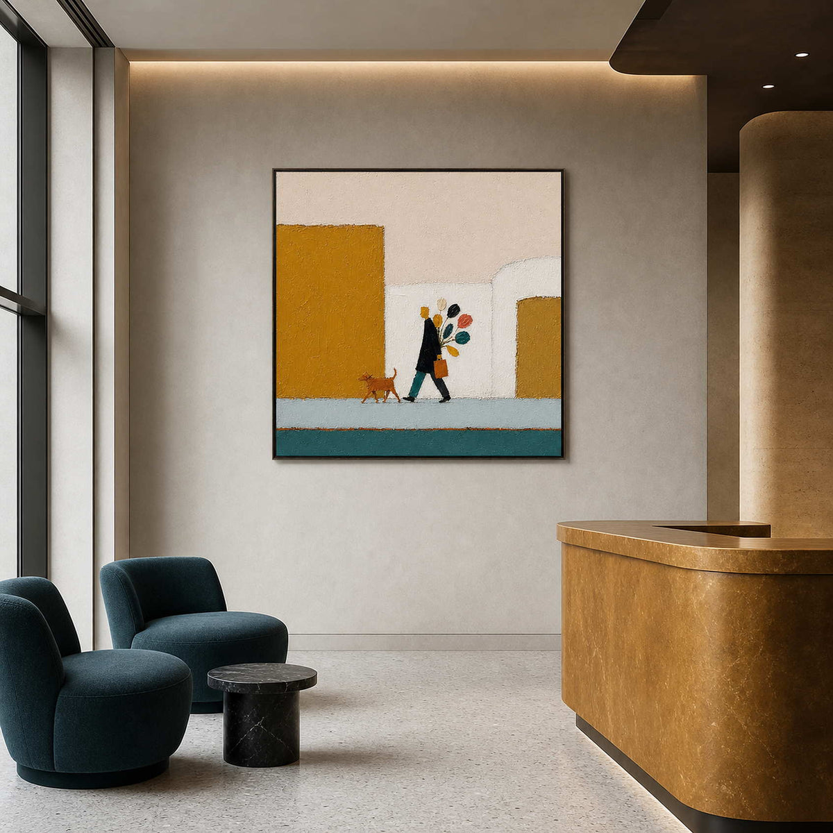 Square people wall art displayed in an Antwerp design hotel lobby.