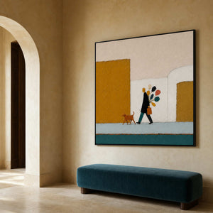 Square dog walker wall art styled in a Barcelona entryway.