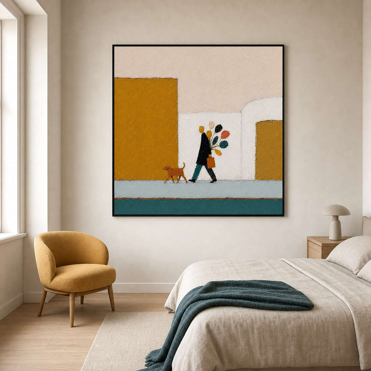 Minimalist figurative painting styled above a Copenhagen artist bedroom.