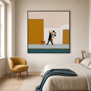 Minimalist figurative painting styled above a Copenhagen artist bedroom.