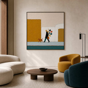 Minimalist narrative painting displayed in a creative campus member lounge.