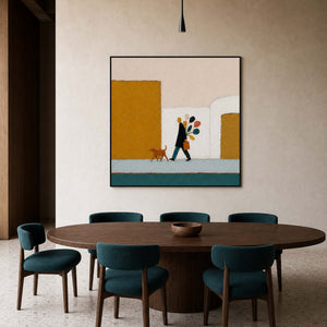 Modern people and dog wall art in a Mexico City dining room.