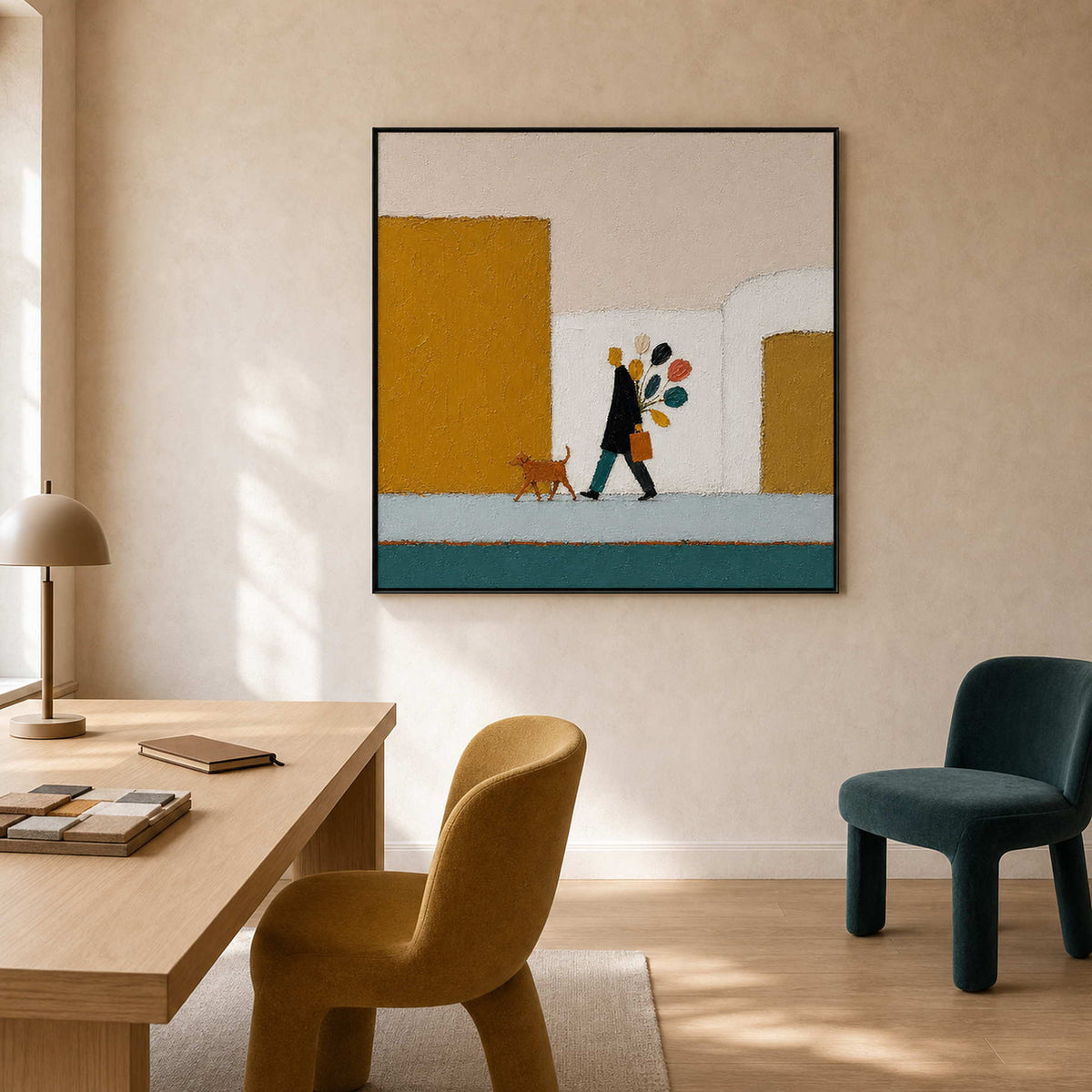 Whimsical figurative canvas displayed in a floral brand founder office.