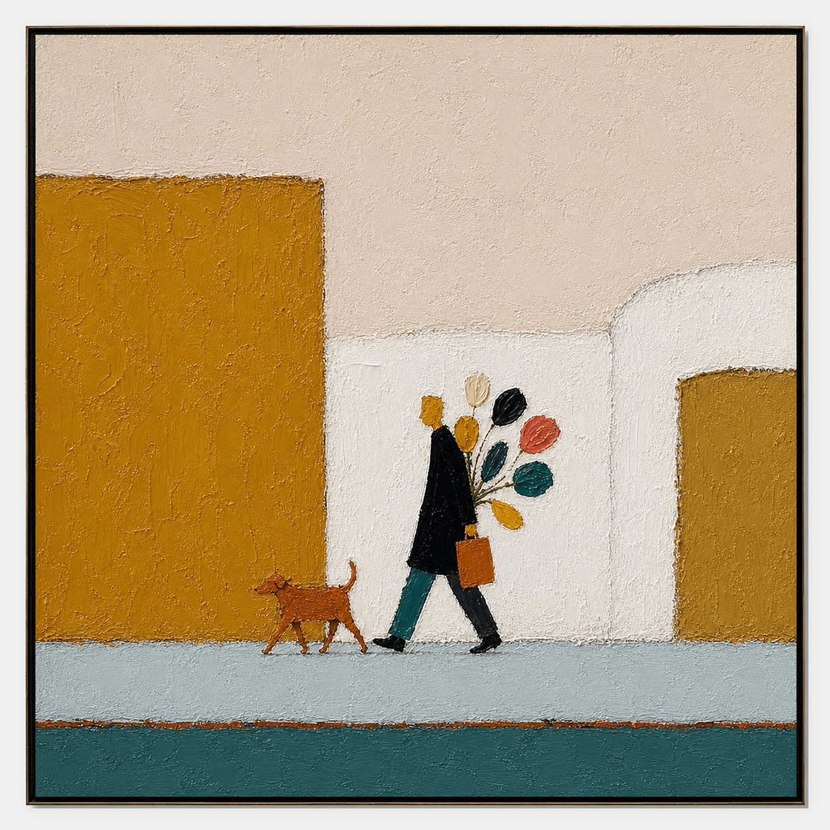 Hand-painted figure and small dog canvas in mustard, ivory, and teal.