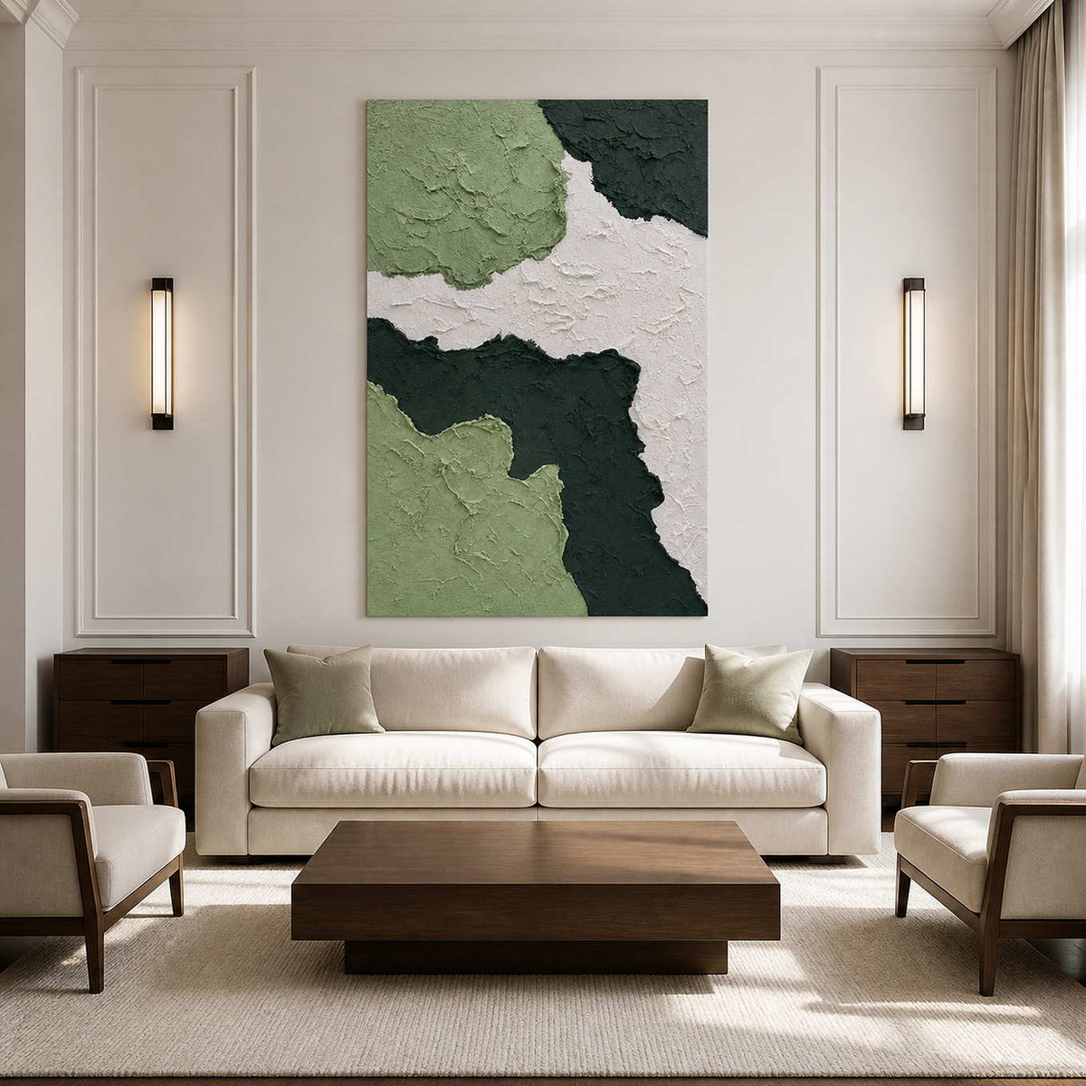 Green textured abstract artwork above a cream sofa between matching wall sconces.