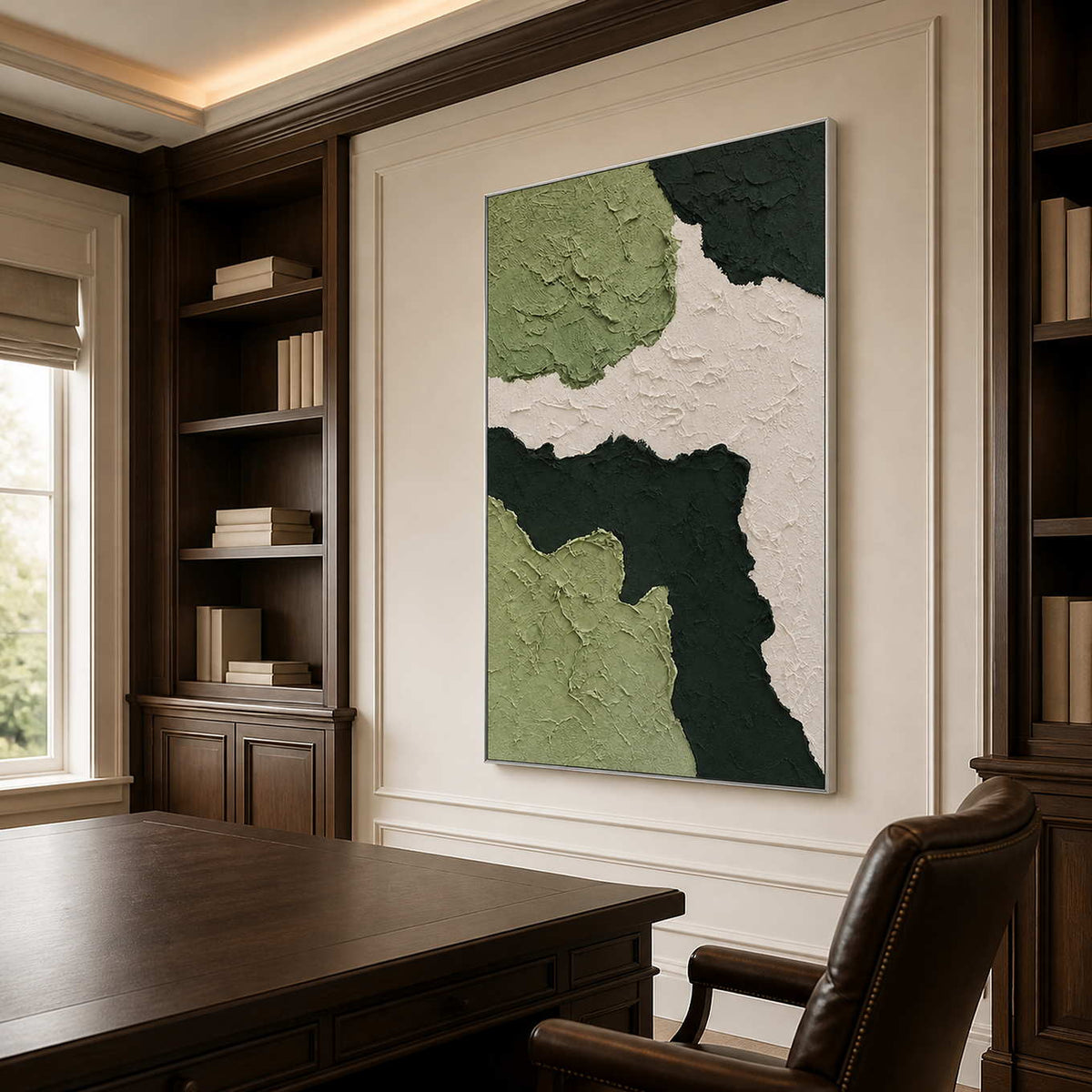 Silver framed textured green artwork behind a walnut desk between dark bookshelves.