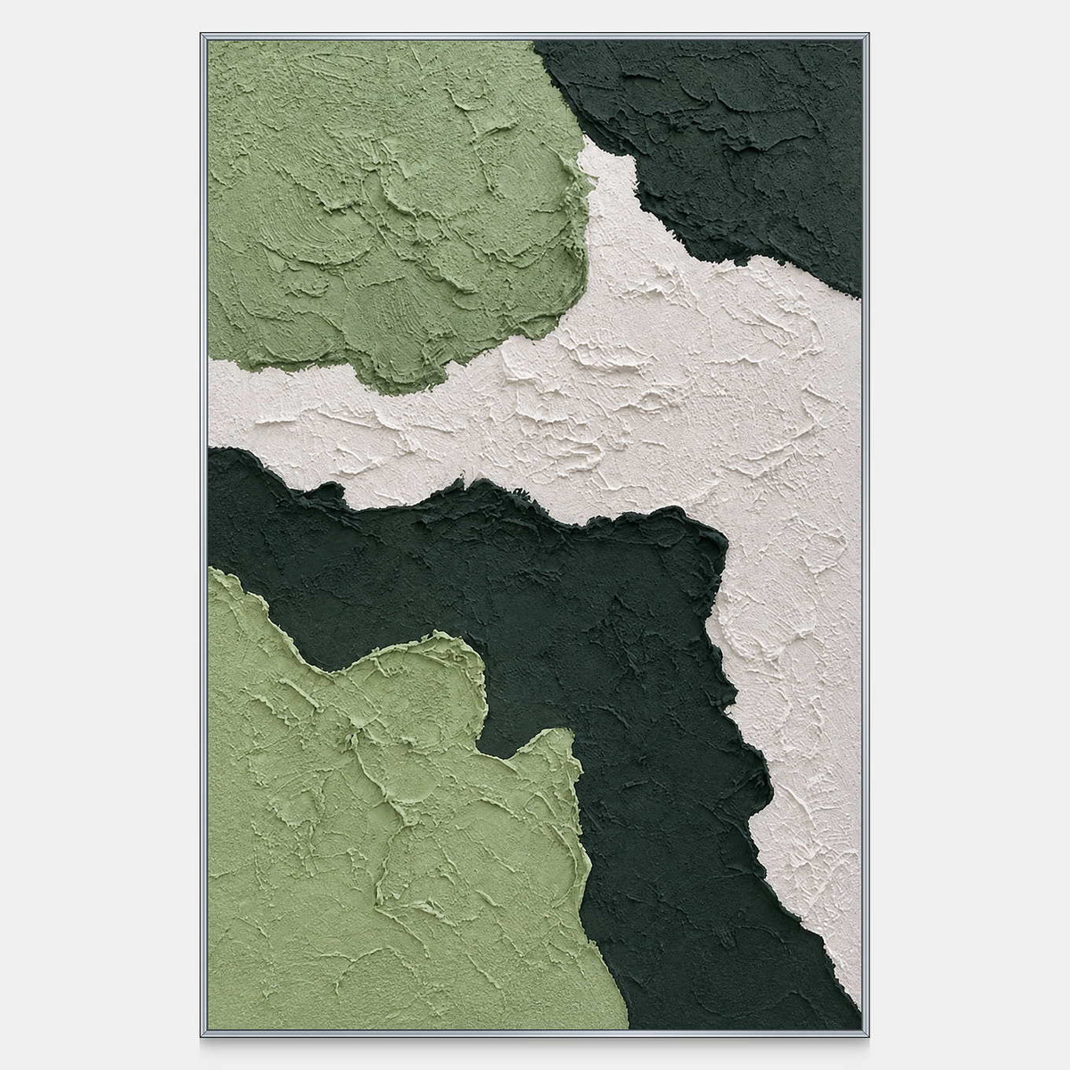 Sage and deep green textured shapes surround a winding white passage.