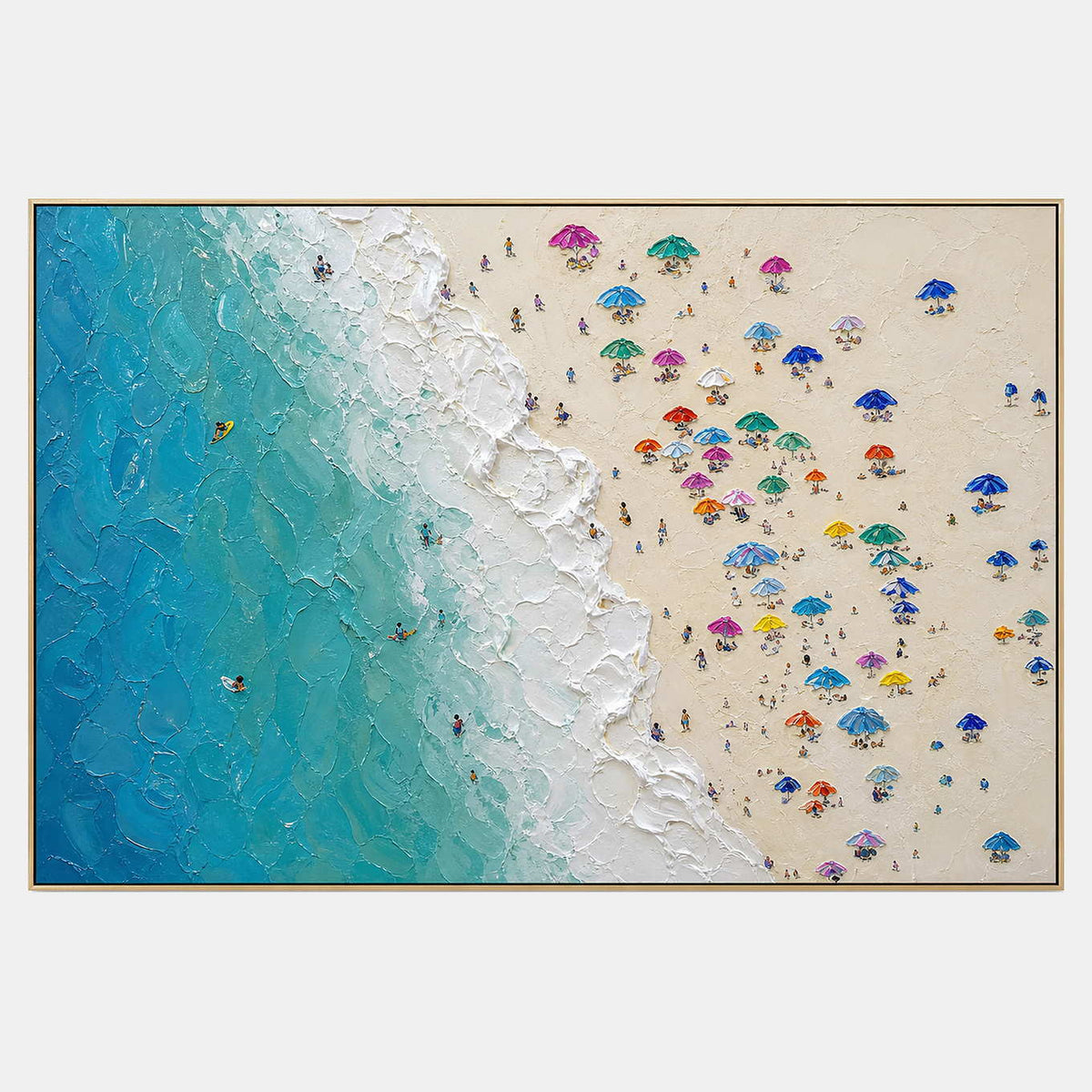 Hand-painted coastal beach wall art with blue, white, and multicolor tones.
