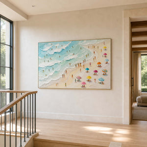 Horizontal coastal painting displayed in a limestone stair lounge.