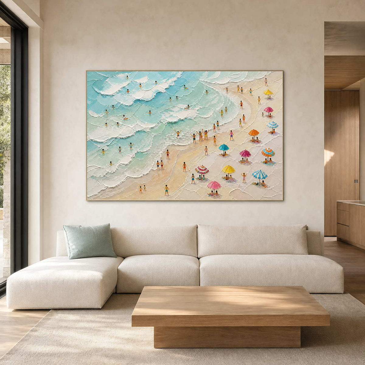 Colorful coastal wall art displayed in a warm white oak living room.