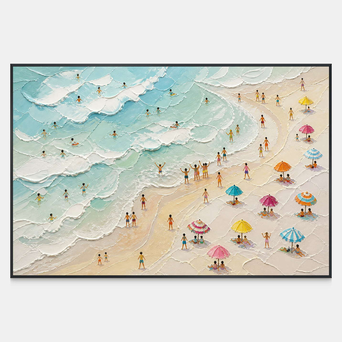 Aerial beach scene with turquoise surf, pale sand, and colorful umbrellas.