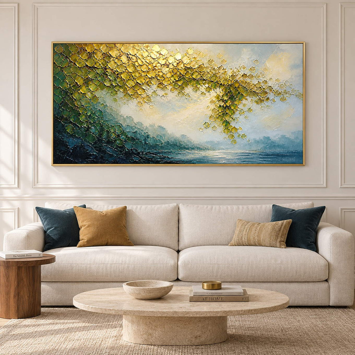 Golden foliage and misty blue water landscape painting in a gold frame in a living room.