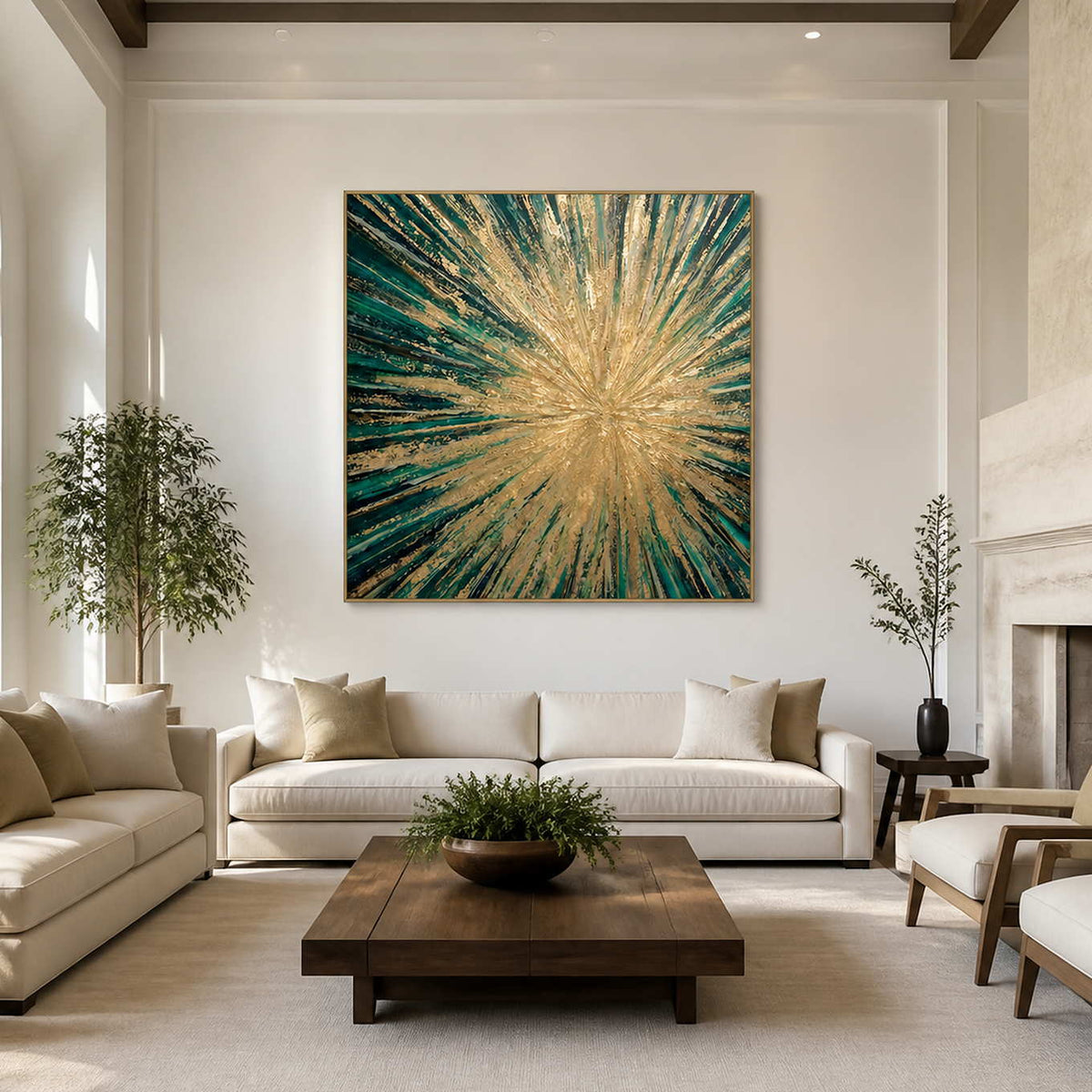 Gold framed green abstract painting above a cream sofa and dark wooden coffee table.
