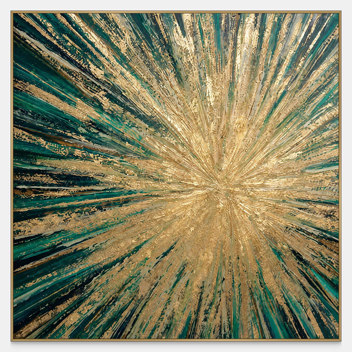 Square abstract painting with gold toned rays radiating outward across a deep green background.