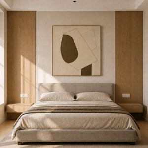 Cream and brown minimalist canvas styled in a calm bedroom.
