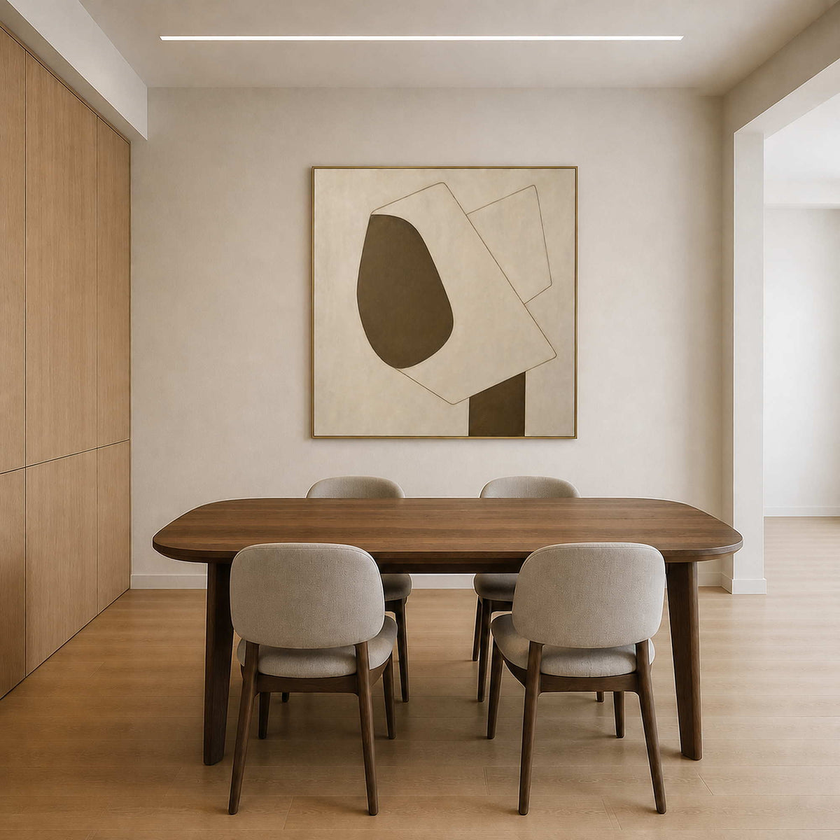 Warm neutral geometric artwork above a walnut dining table.