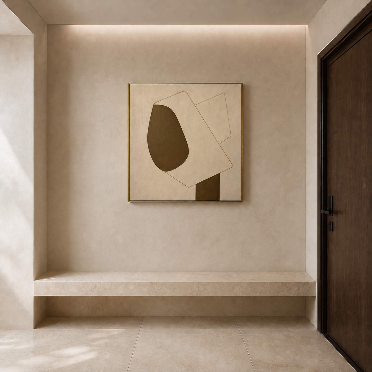 Square geometric wall art displayed in a limestone entryway.