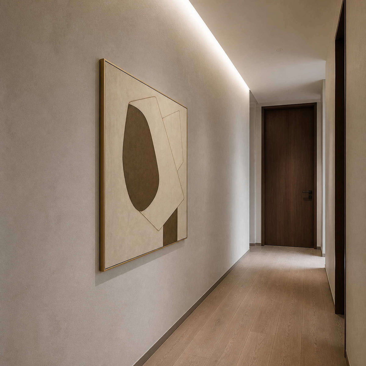 Warm brown geometric artwork viewed along a refined hallway.