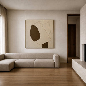 Minimalist brown geometric wall art in a warm oak living room.