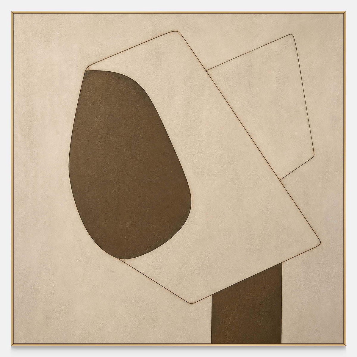 Hand-painted square canvas with cream planes and one rounded brown form.