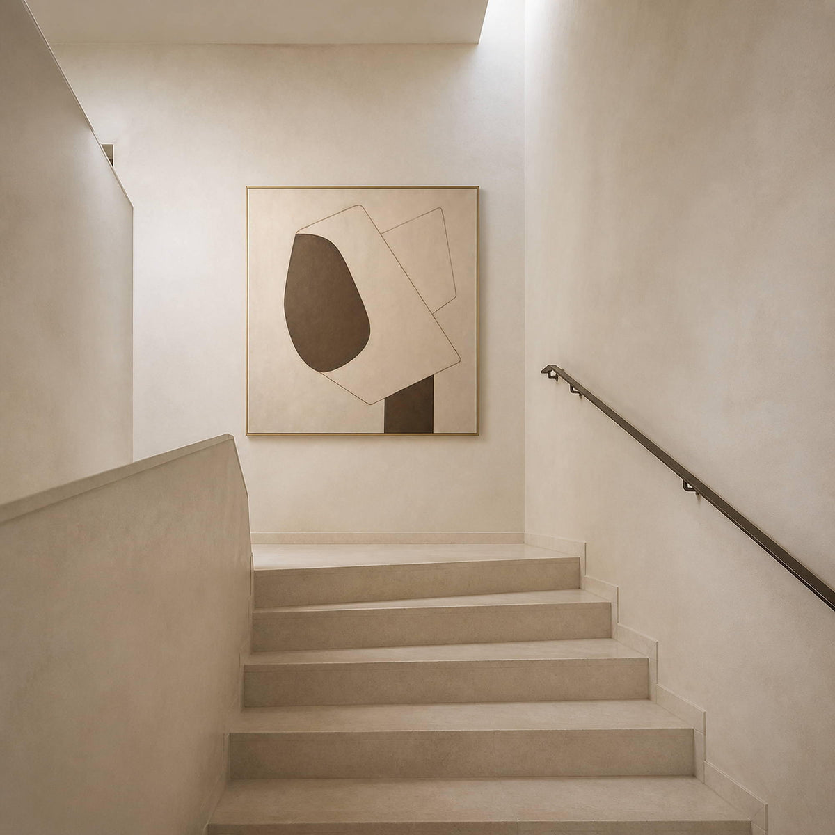 Neutral abstract canvas adding balance to a pale stair landing.