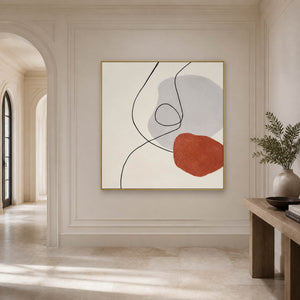 Minimalist abstract painting beside an arch and narrow hallway console.