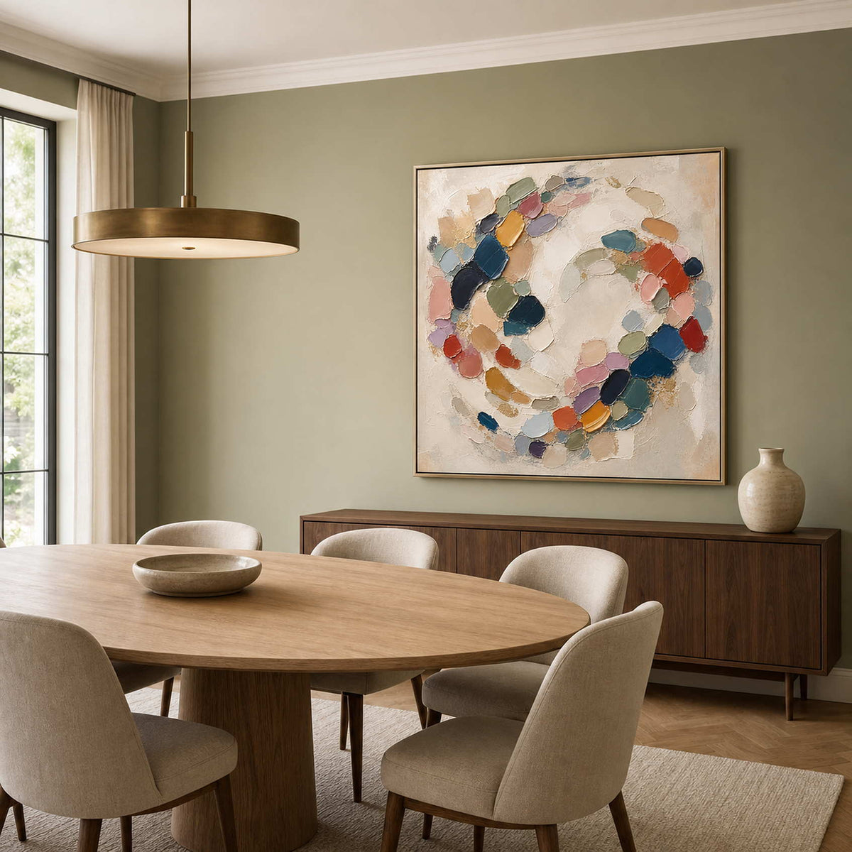 Square textured abstract wall art displayed in a warm modern dining room.