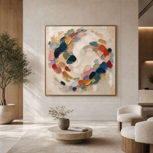 Colorful textured abstract canvas displayed in a quiet contemporary hotel lobby.