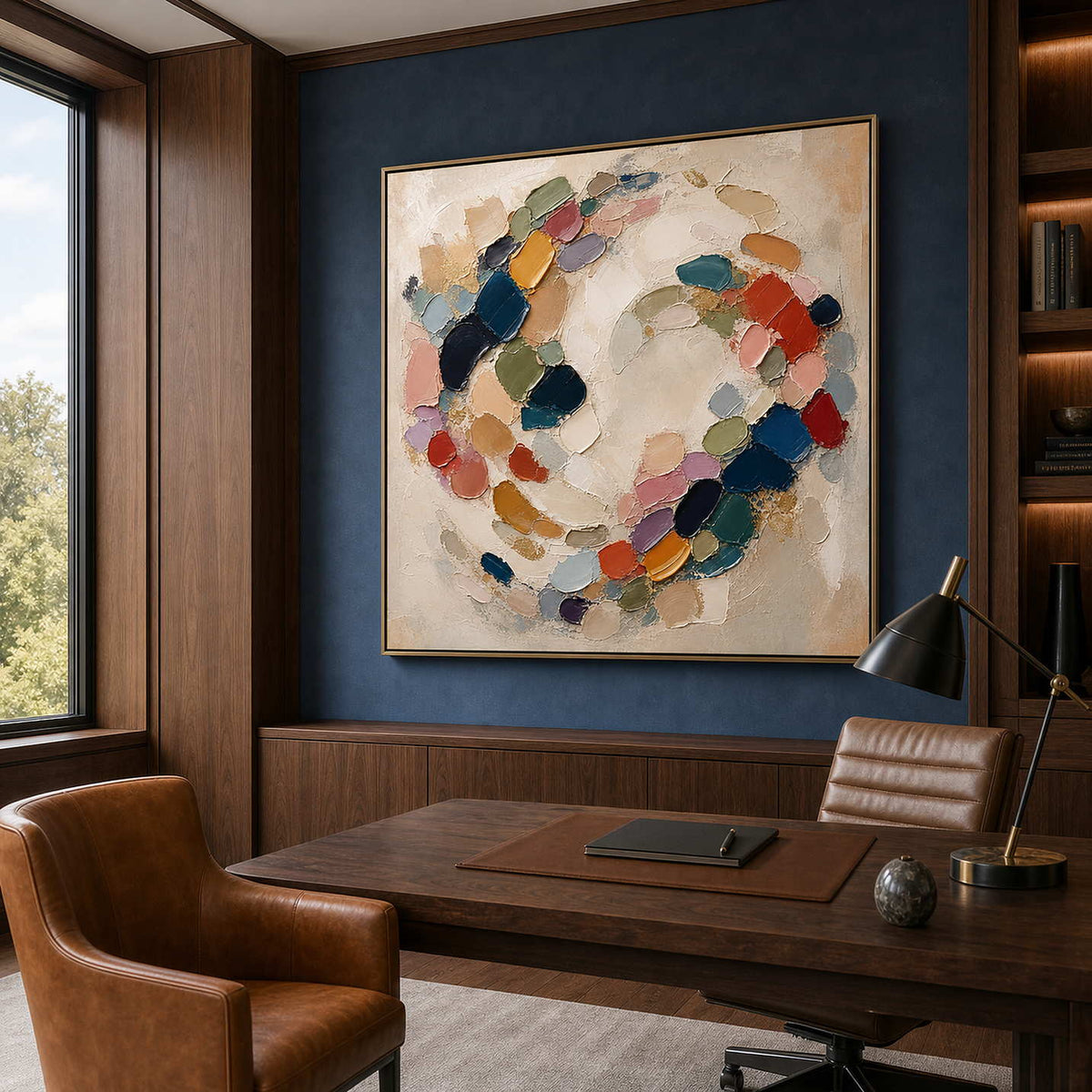 Textured abstract canvas with rich color accents in a dark home office.