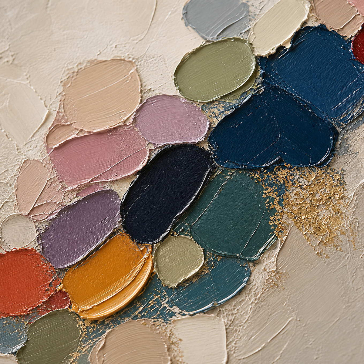 Close-up of raised palette-knife marks in navy, blush, sage, and ochre.