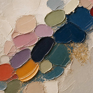 Close-up of raised palette-knife marks in navy, blush, sage, and ochre.