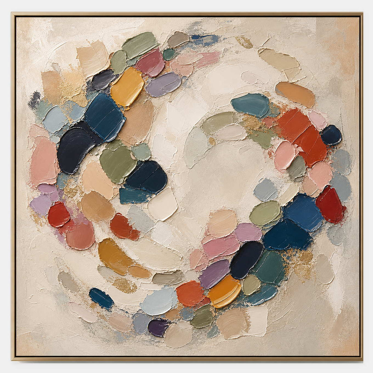 Hand-painted textured abstract canvas with navy, blush, sage, and ochre accents.