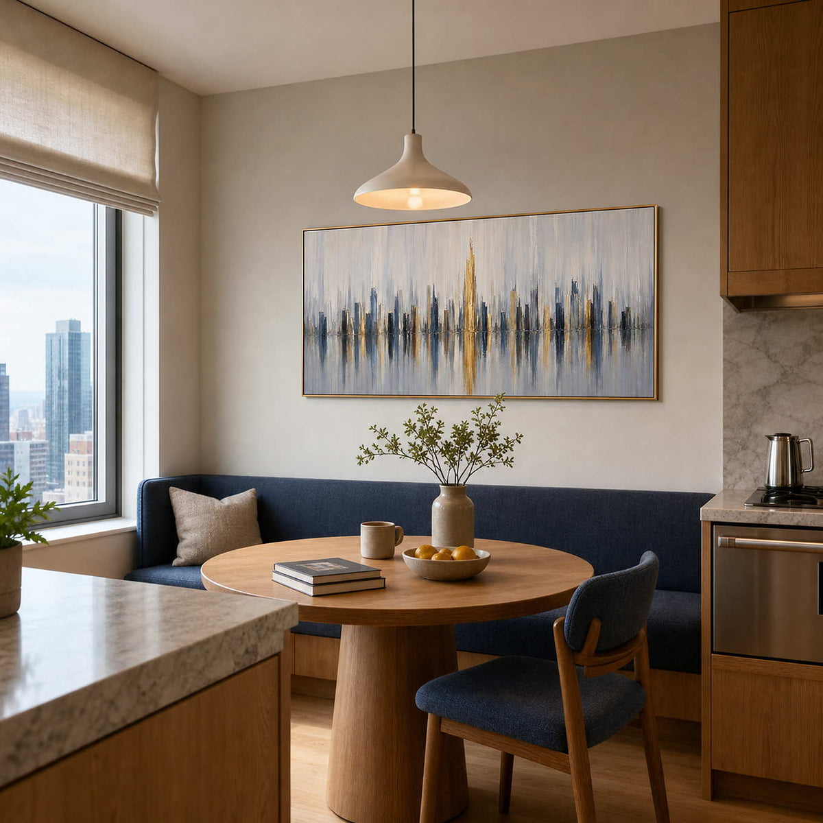 Textured cityscape wall art displayed in a light-filled breakfast nook.