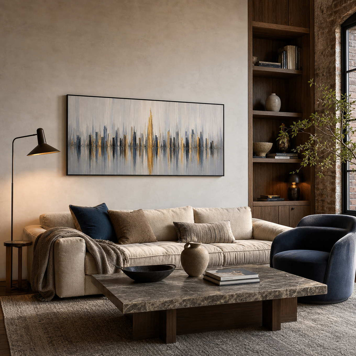 Textured cityscape wall art displayed in a relaxed family lounge.