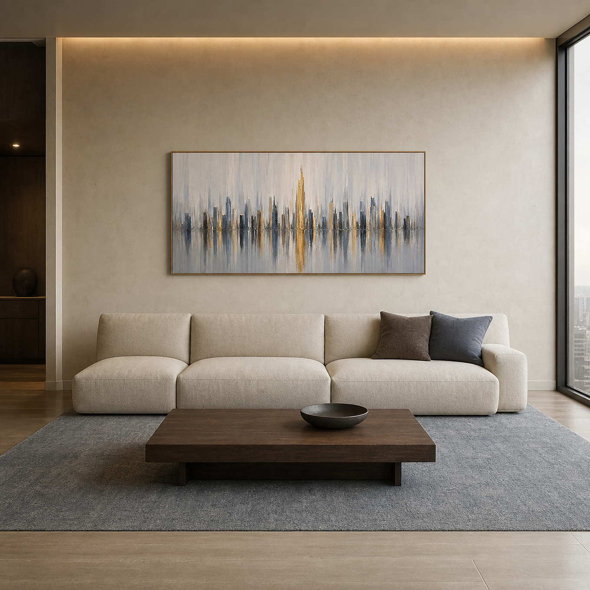 Textured cityscape wall art displayed in a refined living room.